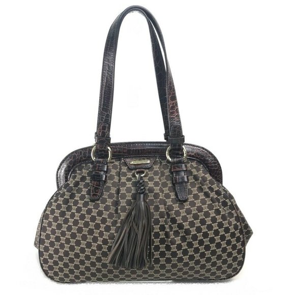 Authentic CELINE Logo Macadam Tote Bag tassel Shoulder Bag Leather/Canvas Brown
